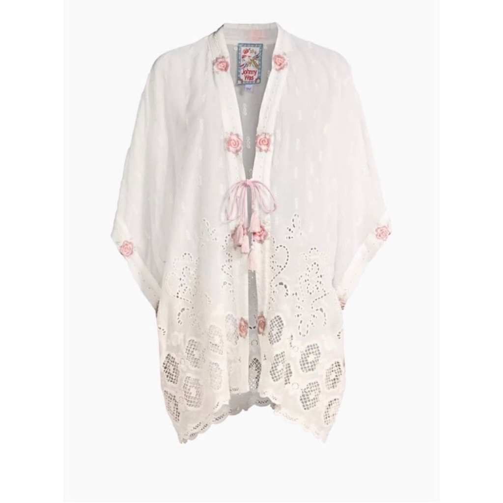 Johnny Was Bohemian White Kimono W/ Delicate Rose Embroidery Around Its Border